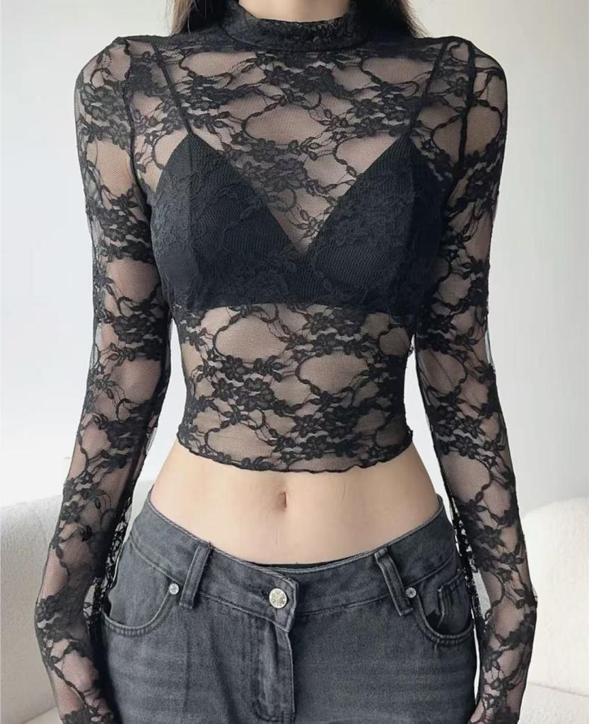 Light Luxury Lace Mesh Long Sleeved Slim Fit T-shirt Top For Women