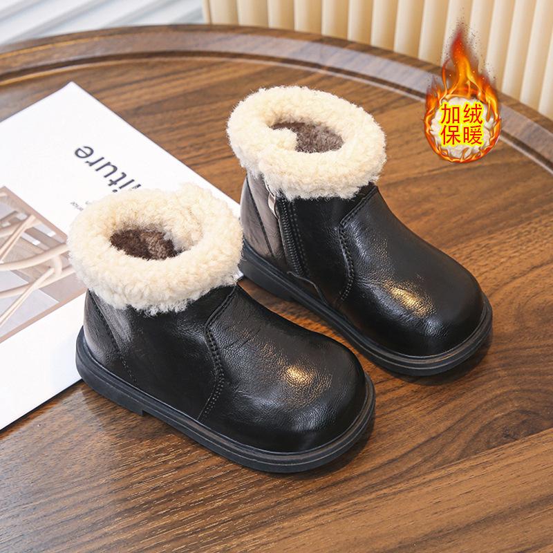 Kids Black Fleece Lined Ankle Boots Side Zipper Non Slip Winter Boots 22
