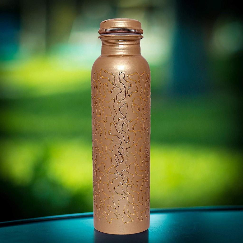 Copper Water Bottle, 1000ml, Set of 1, Green Print (Bottle With Glass)