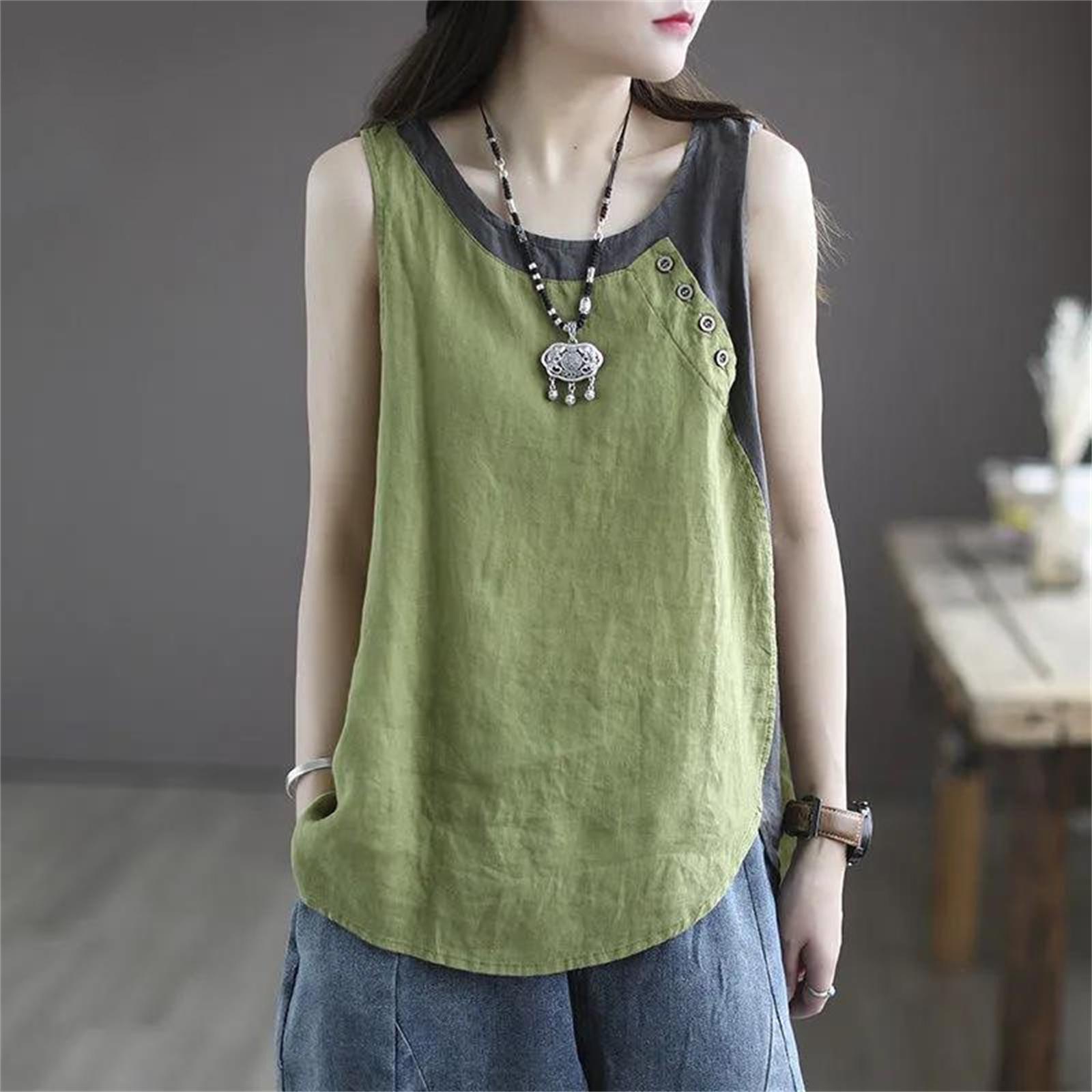 Women s Vintage Oversized Cotton Linen Blend Asymmetric Button Decorated Patchwork Sleeveless Tank Top L зелёный