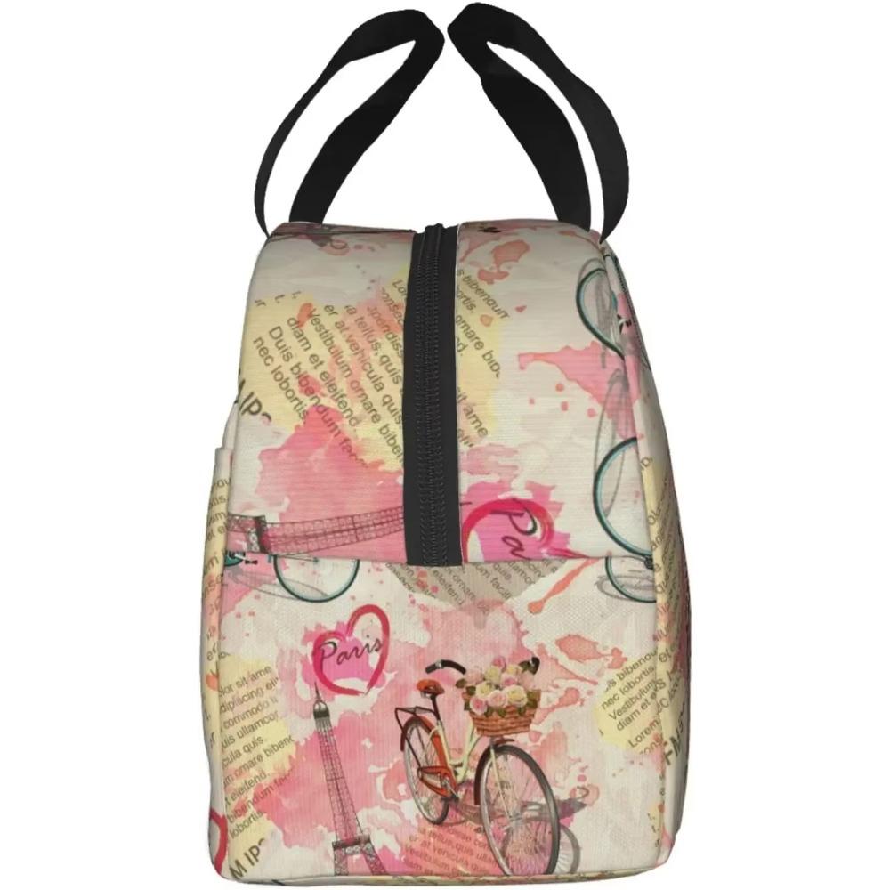 Eiffelturm Lunchtaschen Vintage Zeitung Lunchbox-Taschen Fahrrad mit Blumen für Frauen Waschbare Lunchbehälterbox