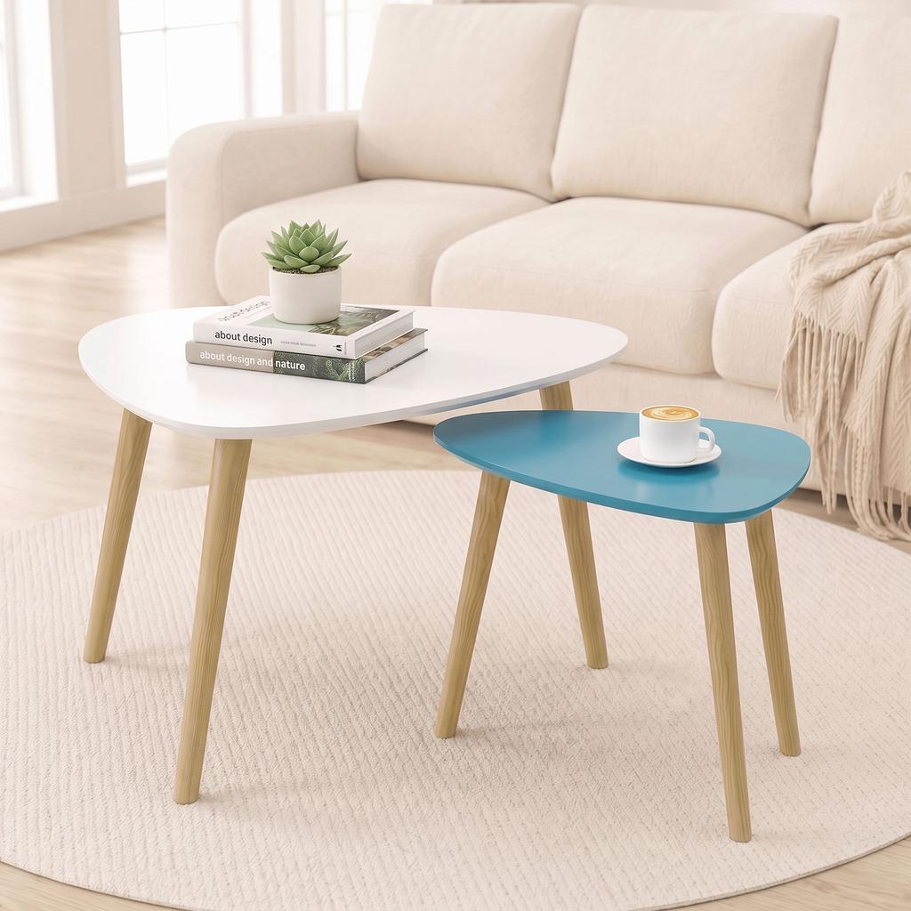 Nesting Coffee Tables, Set of 2, Wooden Legs, Wooden Tops, White and Blue