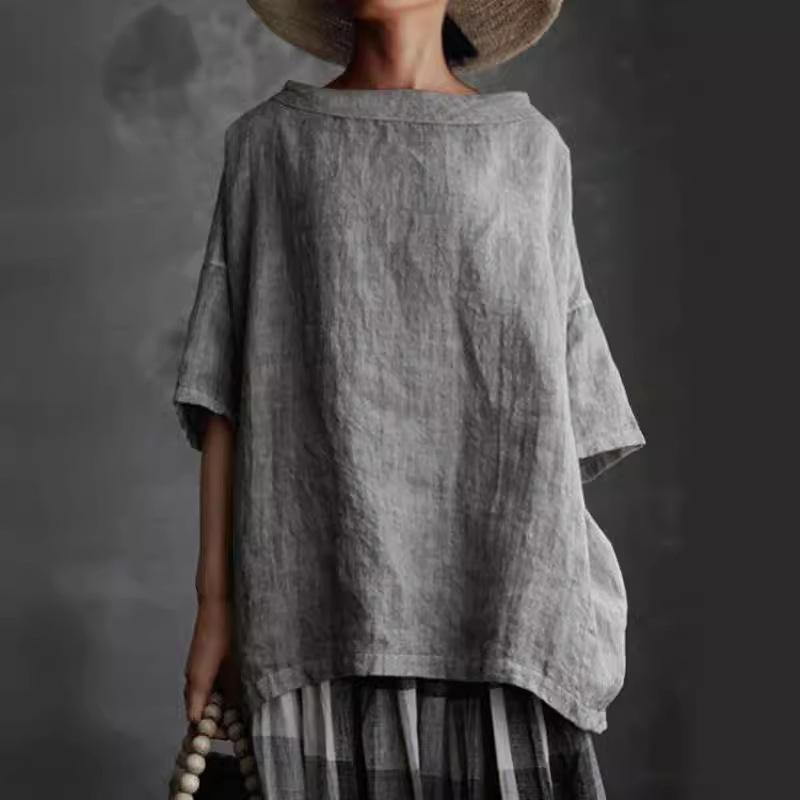 

Жіночі вінтажні вільні блузки та сорочки з бавовни та льону Harajuku Літні повсякденні короткі рукави з круглим вирізом Корейські блузи M сірий