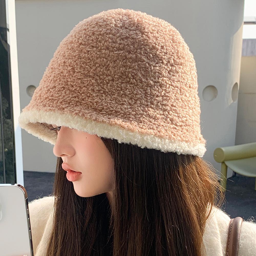 Herbst Winter Fischerhut Damen Gestrickte Einfarbige Beckenhüte Lammsamt Warmer Kälteschutz Eimerhut