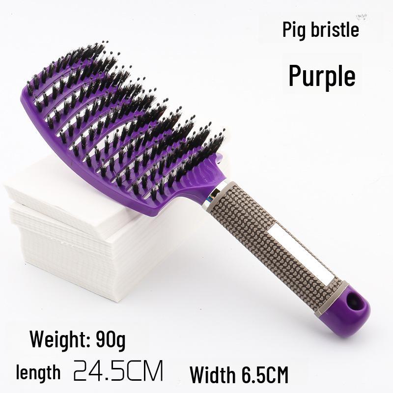 Large Anti-Static Curved Massage Comb for Curly Hair - Pig Bristle, Nine-Row, Plastic