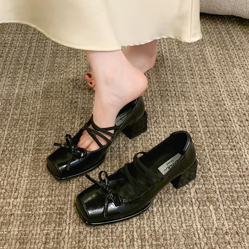 Französische Retro Mary Jane Schuhe Damen 2025 Frühling neue dicke Ferse eckige Spitze Schleife kleine Lederschuhe mit einzelnen Schuhen