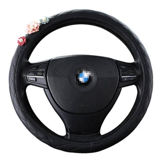 DERMAY Black Car Steering Wheel Cover with Cute Flower for Women Girls Size M Fit 14-15" Steering Wheel 95% Cars O and D Shape