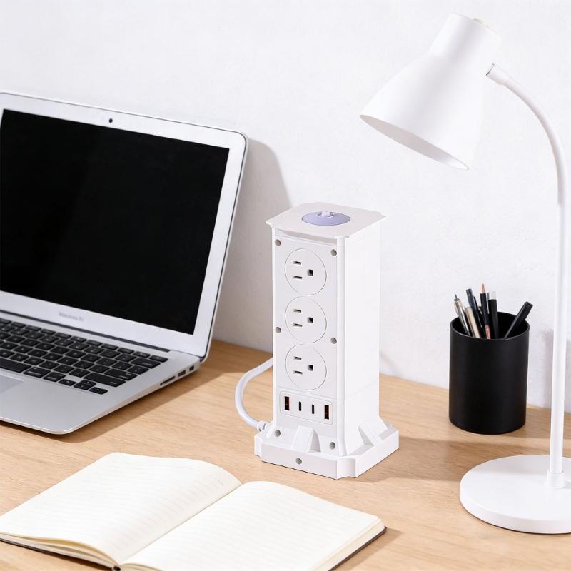 Electrical Outlet Tower With 6 Receptacles Narrow Profile For Home Workplace Area Efficient Plastic Build Secure And Extended