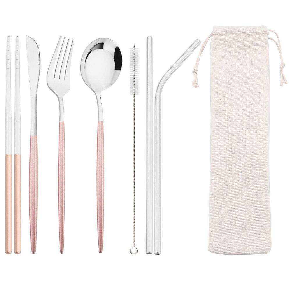 8Pcs/Set Portable Stainless Steel Dinnerware Set Travel Camping Spoon Fork Knife Chopsticks Straws Brush Tableware Flatware Set with Storage Bag