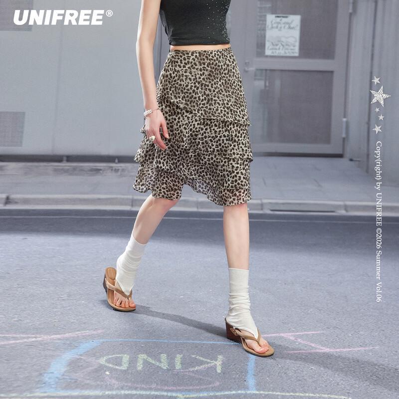 UNIFREE Sweet Cool Leopard Print Tiered Ruffle Skirt M