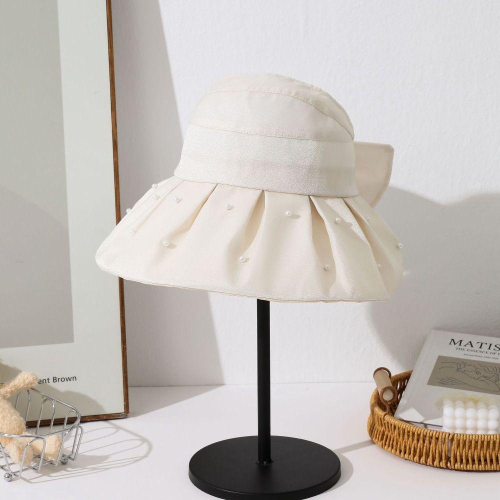 Windproof Women Pearl Bucket Hat Sun Protection Beach Cap Hot Big Brim Sun Hat Women Men