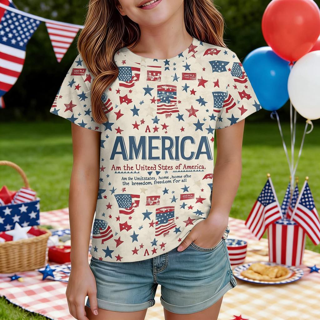 Kids Independence Day Print Round Neck Short Sleeve Casual T-shirt