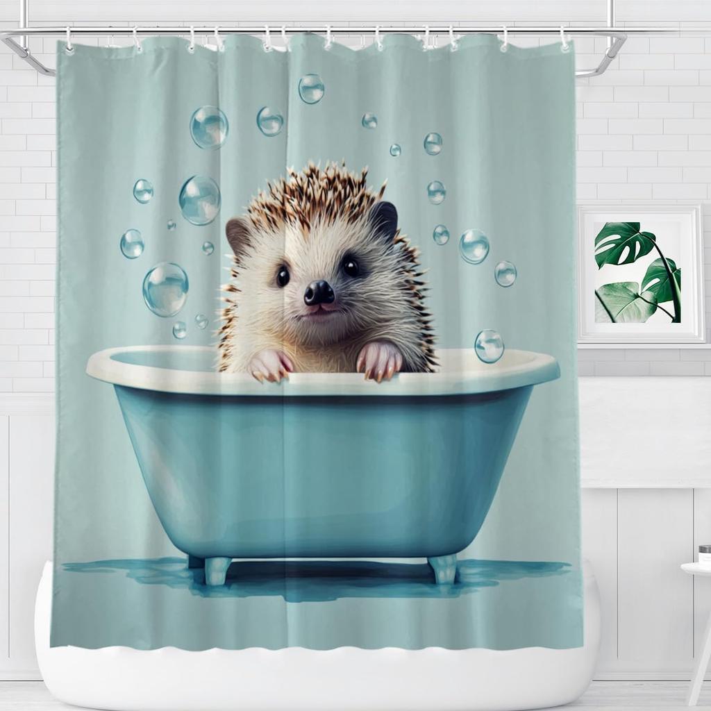 Funny Hedgehog Shower Curtain Hedgehog Bathing In Bathtub Cute Animal Puppy Pet Hilarious Shower Curtain Bathroom Set