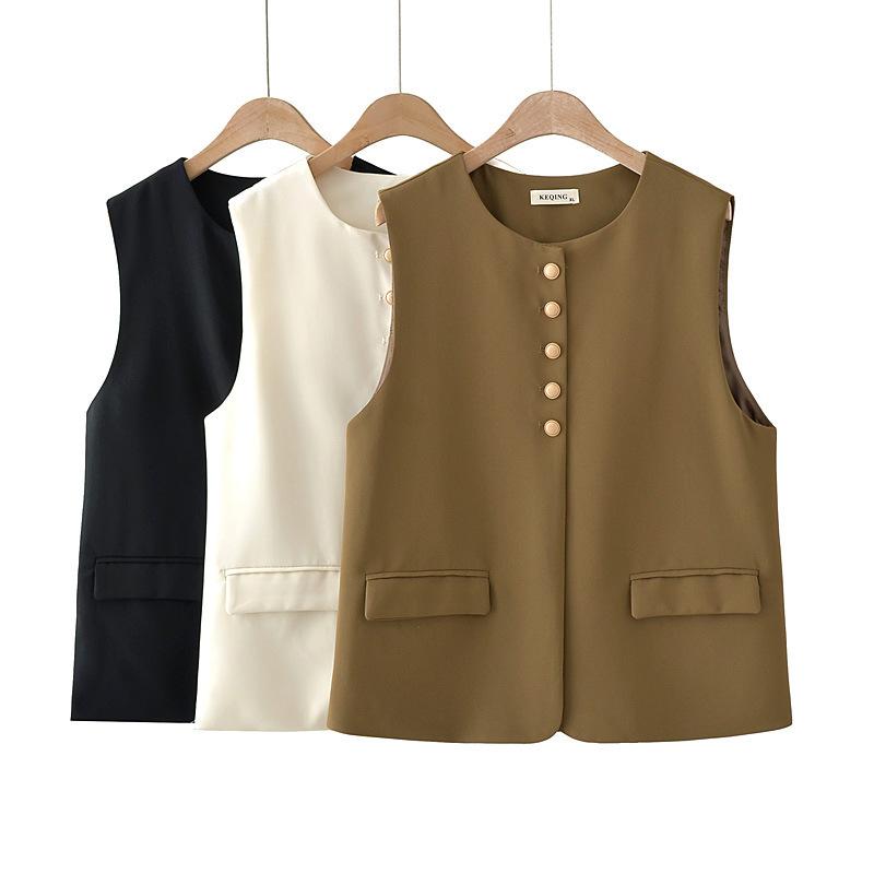 Plus Size Women Sleeveless Vest Round Neck 5 Buttons Casual Waistcoat Loose Layering Outerwear Spring Autumn