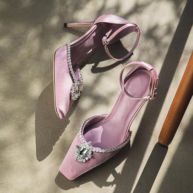 Fashion Liyke Designer Crystal Rhinestone Women's Pumps Silk Square Toe Slingback Sandals White High Heels Stilettos Wedding Prom Shoes