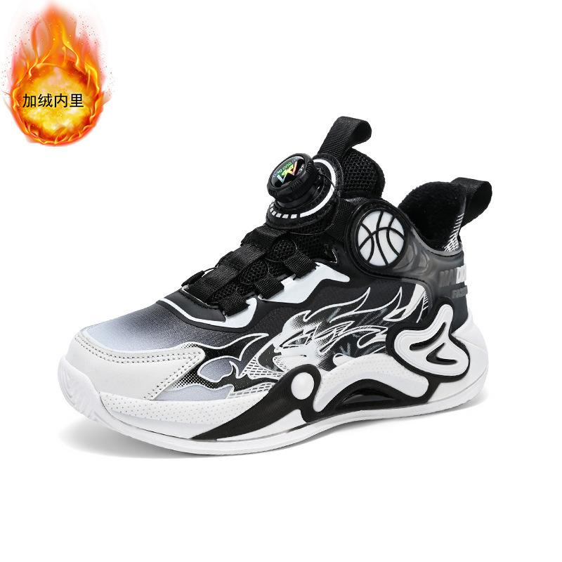 Autumn Middle and Older Children's New Rotating Velvet Boys' Shoes Buckle Children's Mesh Sports Shoes Basketball Shoes Cotton 2025
