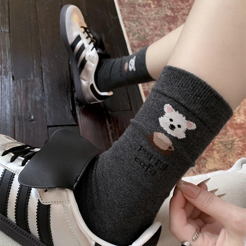 Female Spring and Autumn Assorted Cartoon Cute Dog Embroidery Boneless Drum Pile Pile Cotton Socks