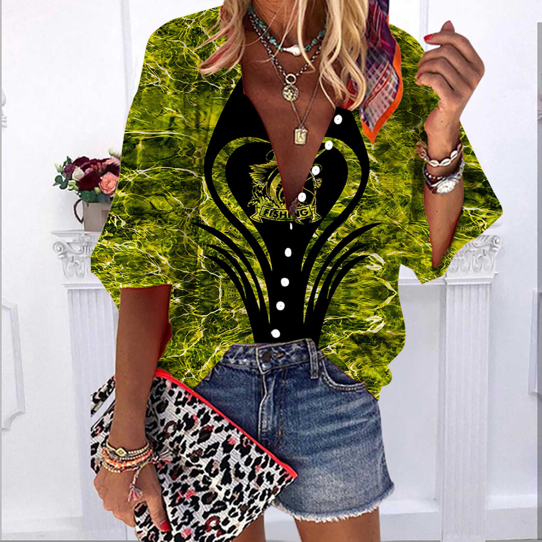 

Лето-осень 2023, новые модные женские топы с красным сердцем и молниями с принтом и короткими рукавами, повседневная рубашка больших размеров на пуговицах с объемными рукавами 6XL жёлтый