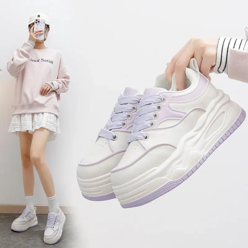 Women's Sneakers Spring Autumn Lace Up Anti Slip Comfortable Height Increasing Casual Shoes Students Korean White Shoes
