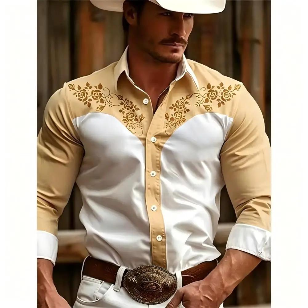 Western Floral Embroidered Men's Long Sleeve Cowboy Shirt