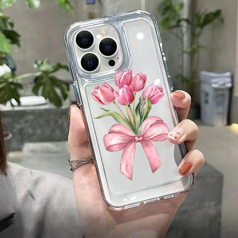 Trendy Pink Tulip Bow Clear Phone Case For iPhone 17 16 Pro Max 15 14 Plus 13 12 11 XS X XR 7 8 Plus 16E 17 Air Protective Cover