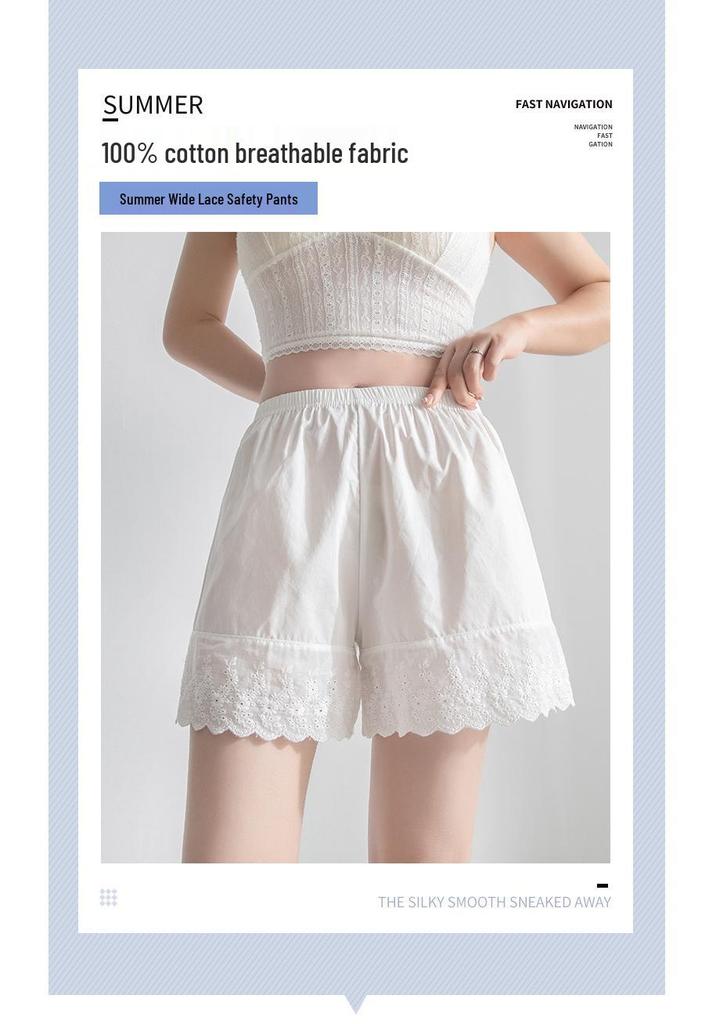 26 Summer Women's Pure Cotton Lace Trim Hanfu Safety Shorts – Anti-Exposure, Loose Fit, Outdoor Wear, White