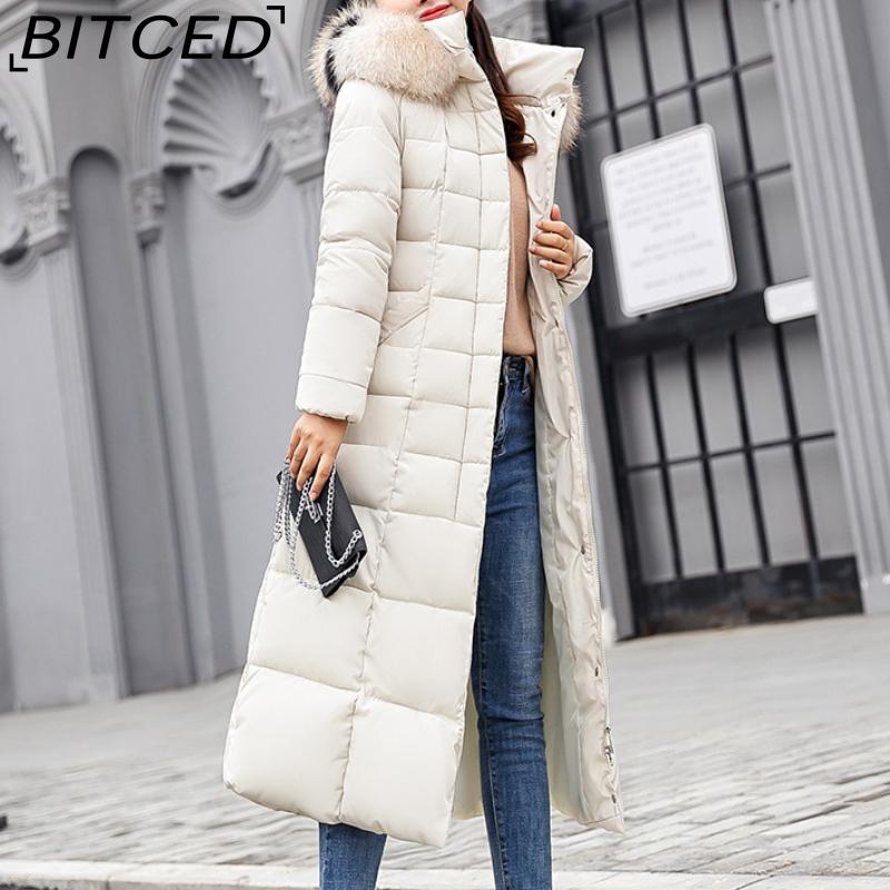 BITCED Winter Women's Cotton Coat - Extended Length with Large Fur Collar Thickened Long-Length Women's Down-Filled Cotton Jacket