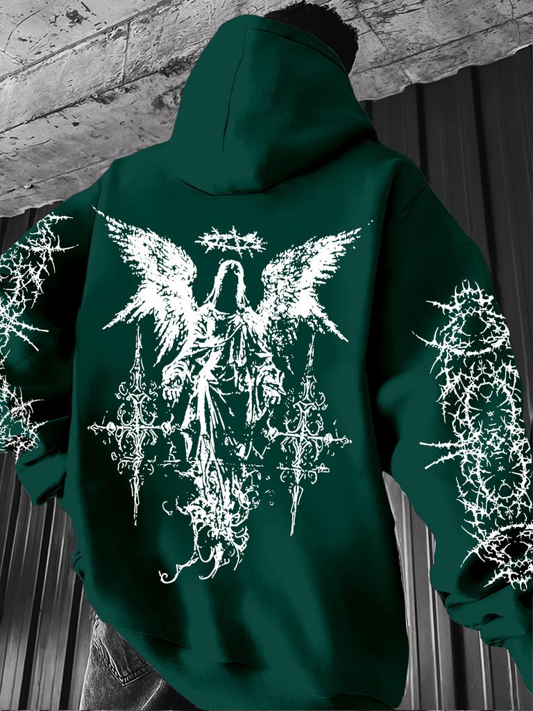Angel-themed graffiti thorn print street hip-hop punk style hooded sweatshirt, regular fit men's sweatshirt, suitable for everyday wear.