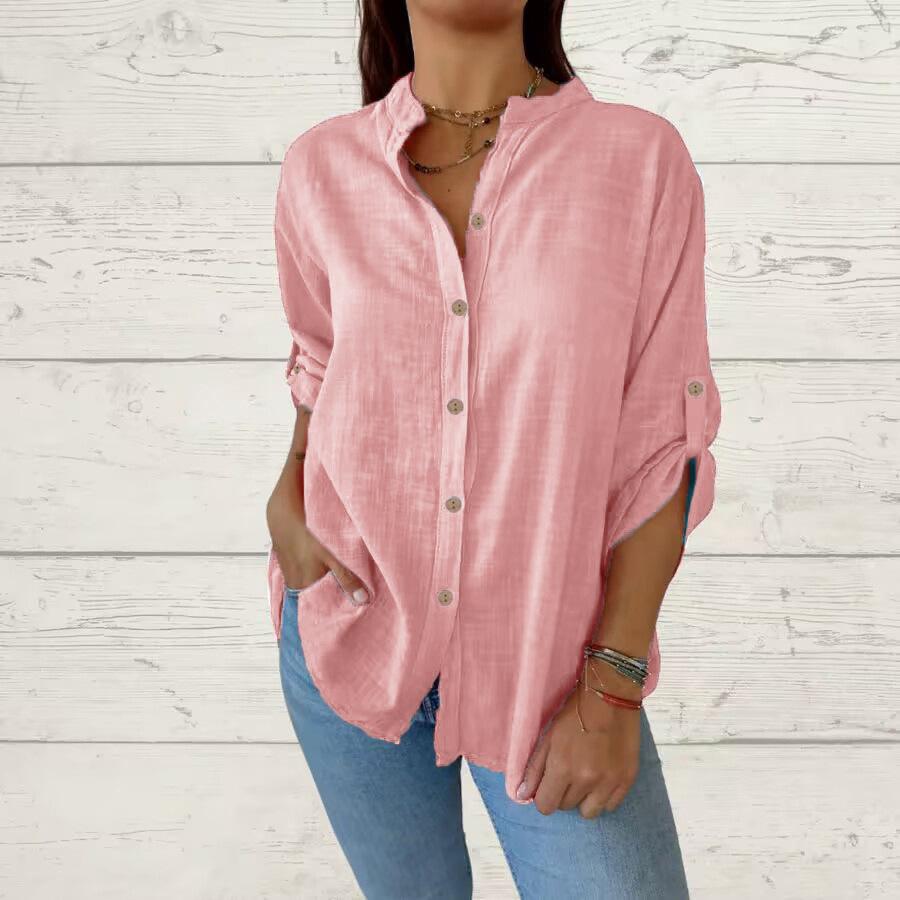Spring and Summer Solid Color Foldable Sleeves Top V-neck Long Sleeved Casual Loose Women's Blouses & Shirts