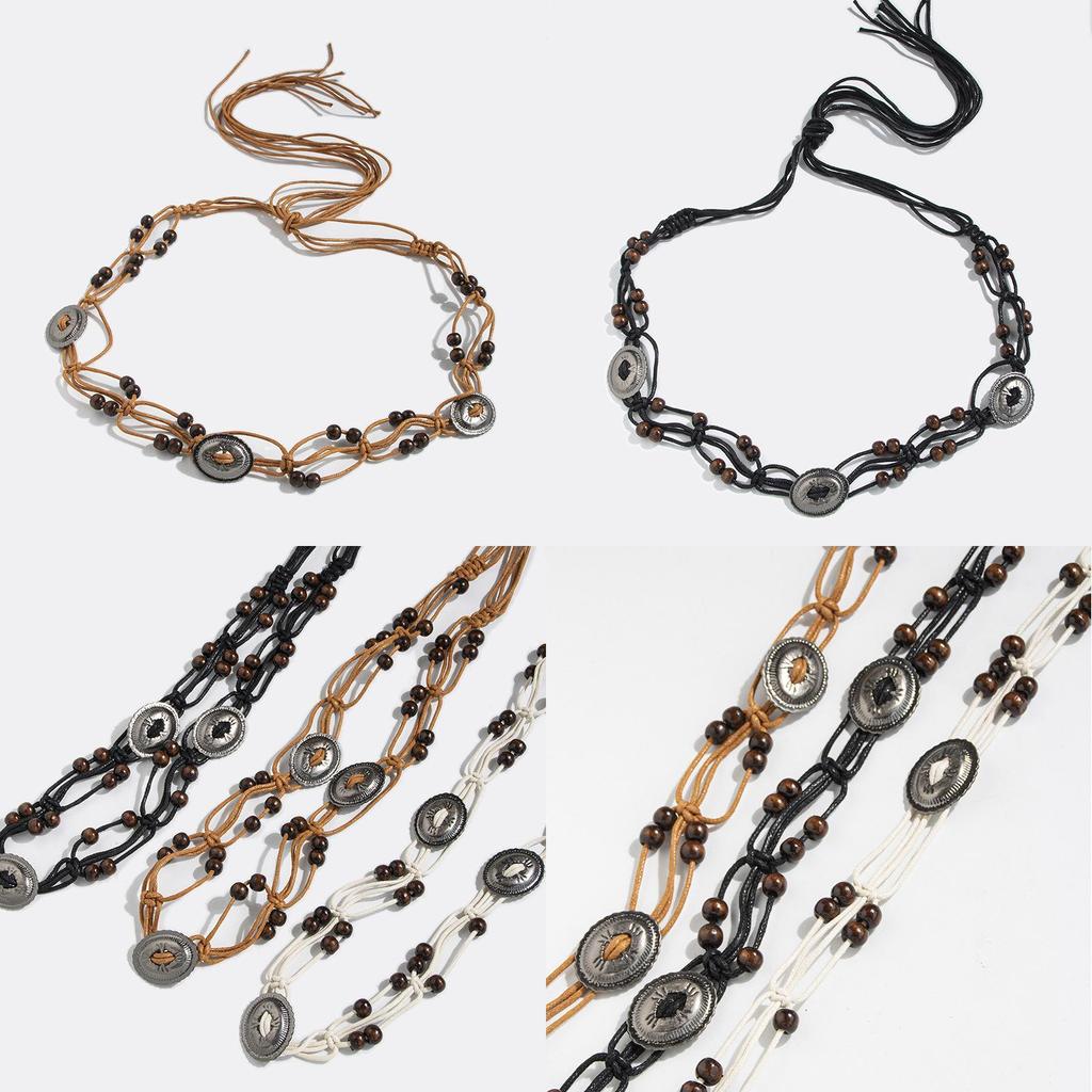 Bohemian Ethnic Style Waist Rope With Wooden Beads Handcrafted For Relaxed Summer Wear