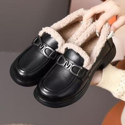 Soft Leather and Velvet Women's New Medium and One-pedal Cotton Leather Shoes, Winter Thick-soled Fluffy Shoes