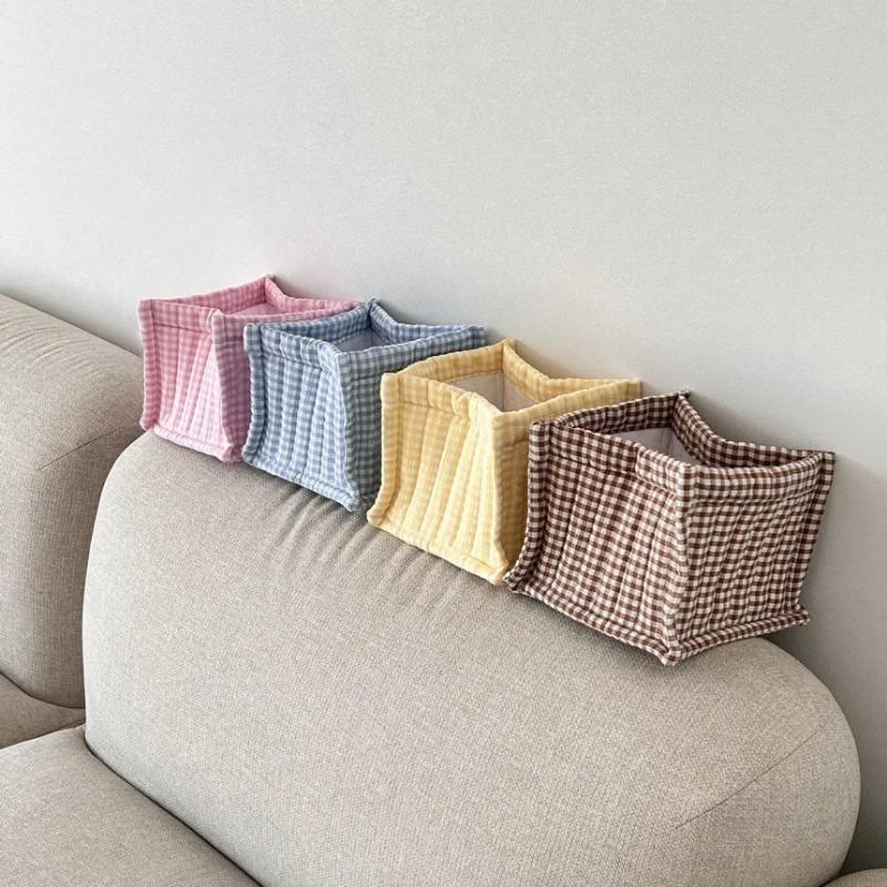 1Pcs Ins Korean Style Quilted Checkered Fabric Storage Basket Cosmetics Suntries Storage Box Home Simple Desktop Organizing Basket