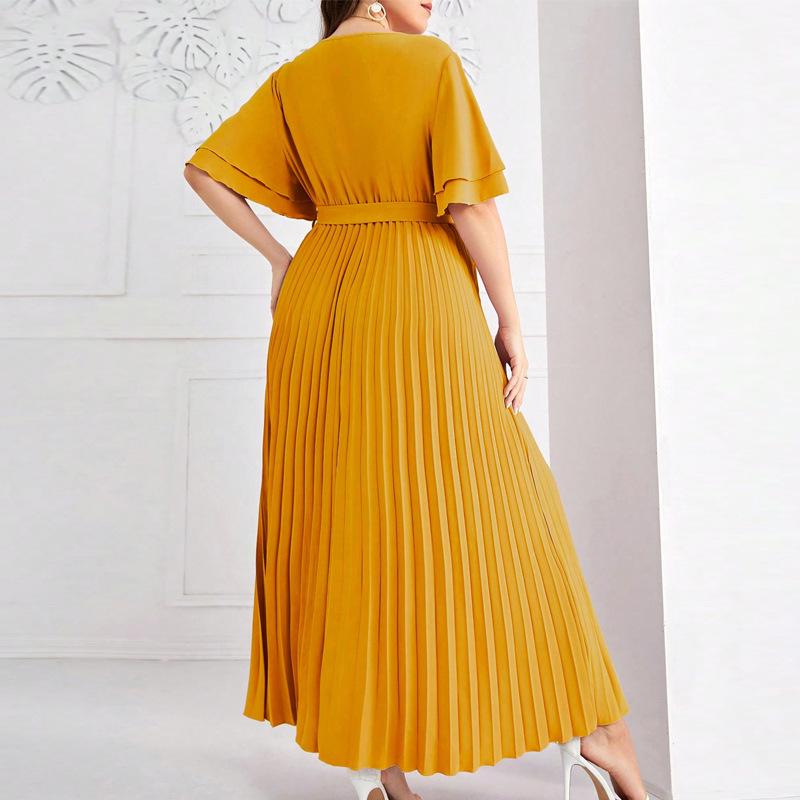 Elegant Long Swing Dress with Square Neck and Lace-up Design - Short Sleeve, Slimming, Pleated for Spring, Summer, Autumn