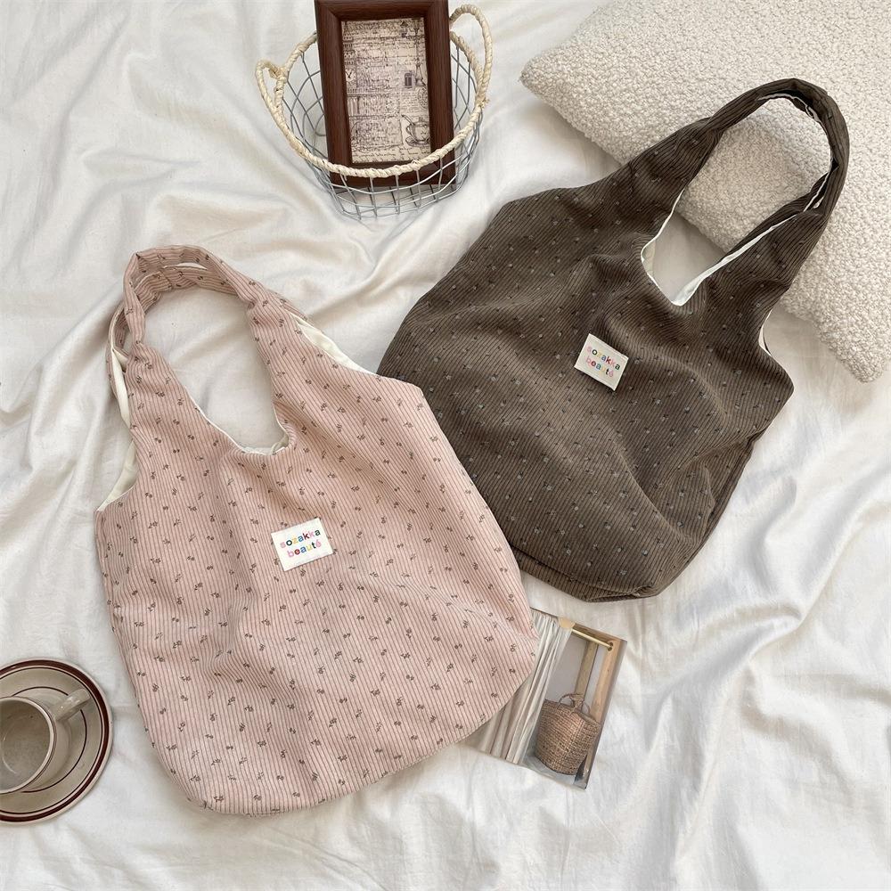 Korean Women Autumn and Winter Corduroy Shoulder Bag Shopping Bag Books Tote Female Eco Handbag Reusable Grocery Shopper Purse