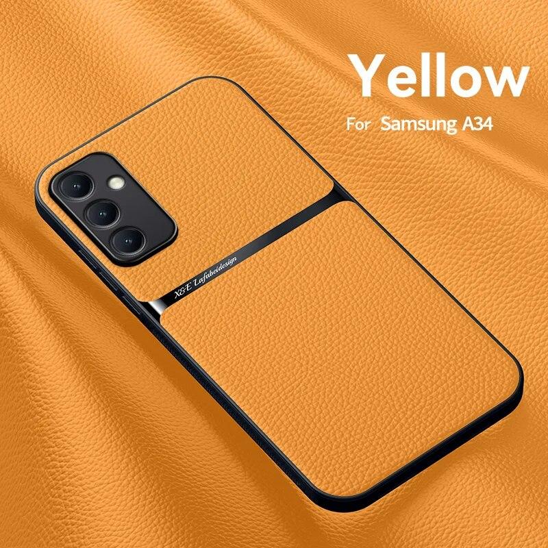 

Для Samsung Galaxy A34 5G кожаный чехол с магнитным держателем для телефона Samsung A34 5G A 34 SM-A346B с металлической пластиной задней крышкой For Galaxy A34 5G жёлтый