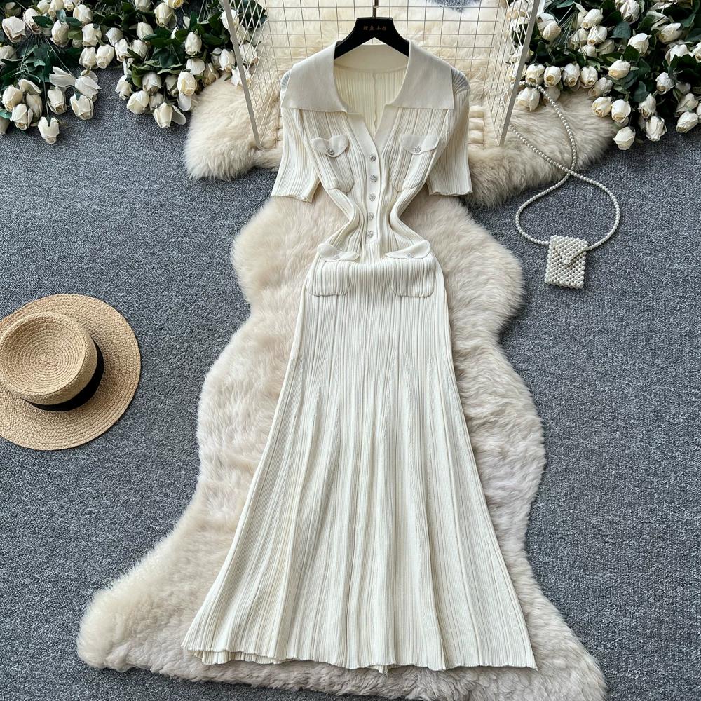 Brand Fashion Vintage Turn-down Collar Knit Maxi Dress Elegant Single-breasted A-line Long Shirt Dress Lady Party Dress