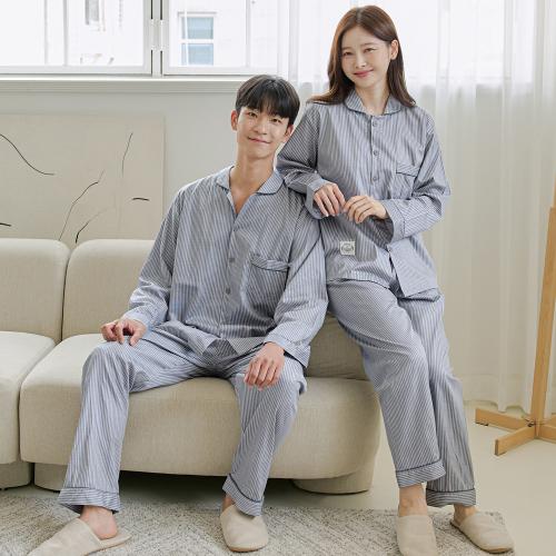 [JJINIYA] Bibi Grey 40-Count Pure Cotton Couple Long Sleeve Pajama Set [Shipped from Korea] 100% Authentic