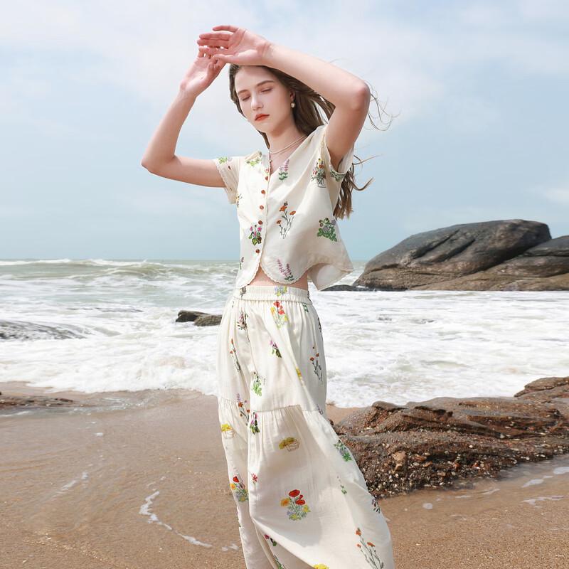 Sancai 2026 Summer Floral V-Neck Puff Sleeve Two-Piece Set