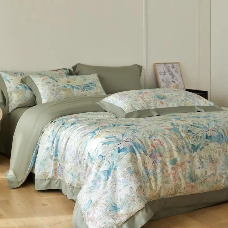 

New Flower Printed Cooling Bedding Set High Quality Ice Silky Comforter Cover Set Skin Friendly Summer Bedclothes for Adults 1.5m-200x230cm 4pcs