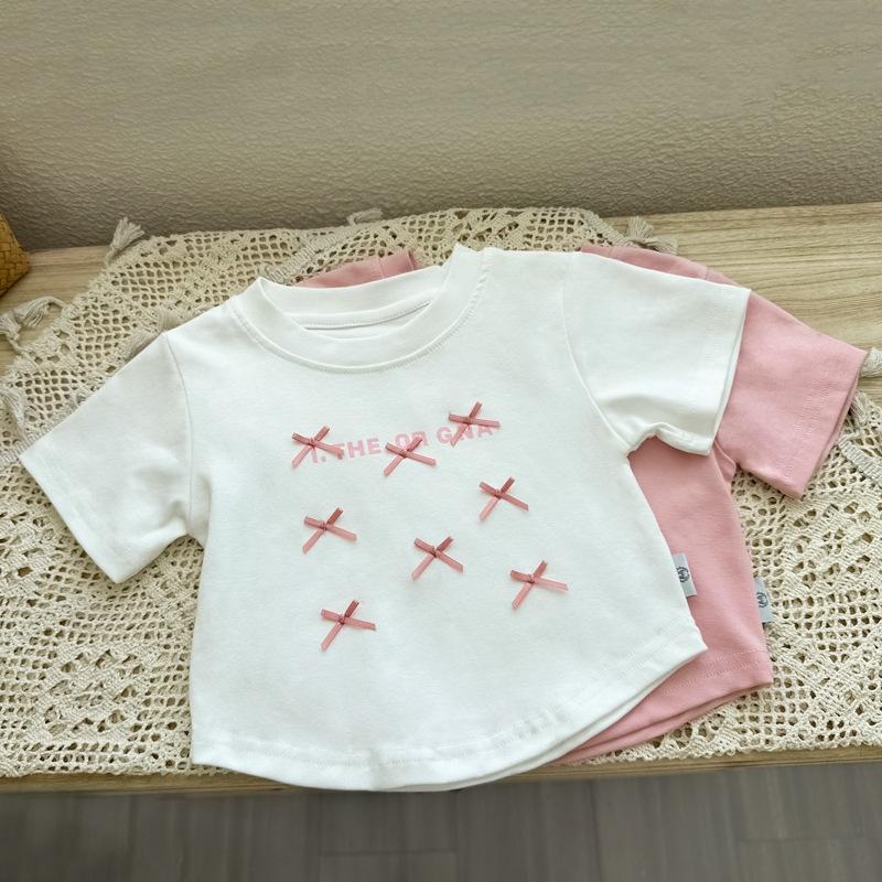 Children's Girls T-Shirts Bowknot Letter Printing Short Sleeve Top Kids Cotton Tees Clothes For Baby Girls Summer