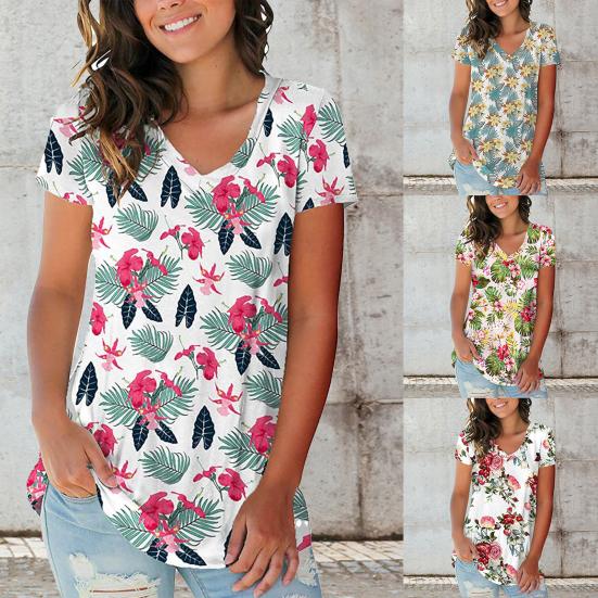 

Женская футболка с цветочным принтом, свободный топ с коротким рукавом и V-образным вырезом