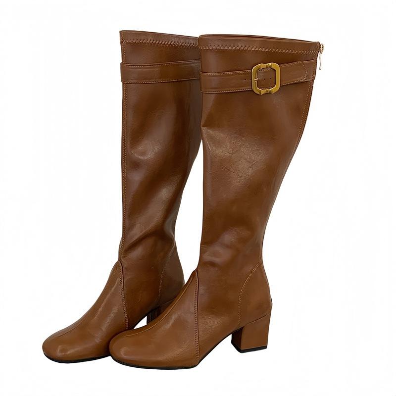 Long boots autumn and winter new retro belt buckle thick heel high boots rear zipper thin knight boots