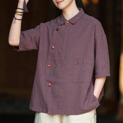 Damen Vintage Hemden Umlegekragen Halbarm Oberteile Einfarbige Knöpfe Sommer Locker sitzende Hemden
