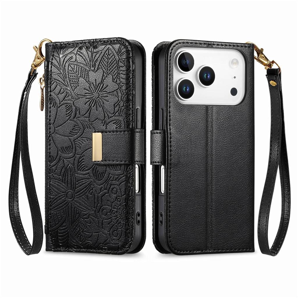 Wallet Case for iPhone 17/16e/16 Plus/15/14/13/12 Pro Max Lanyard Zipper Dual Card Holder Flip Stand Magnetic Buckle Cover