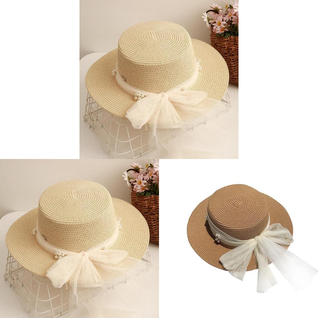 Womens Casual Packable Straw Hat With Large Brim And Pearl Embellishments For Outdoor Use
