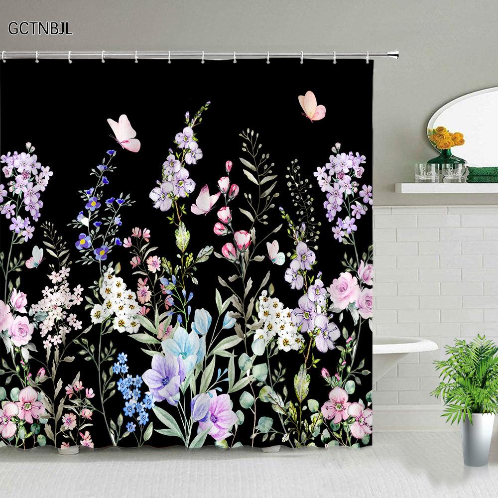 Green Tropical Rainforest Plant Shower Curtains Flower Leaf Leaves Bathroom Decor Waterproof Bath Curtain Polyester Fabric Hooks