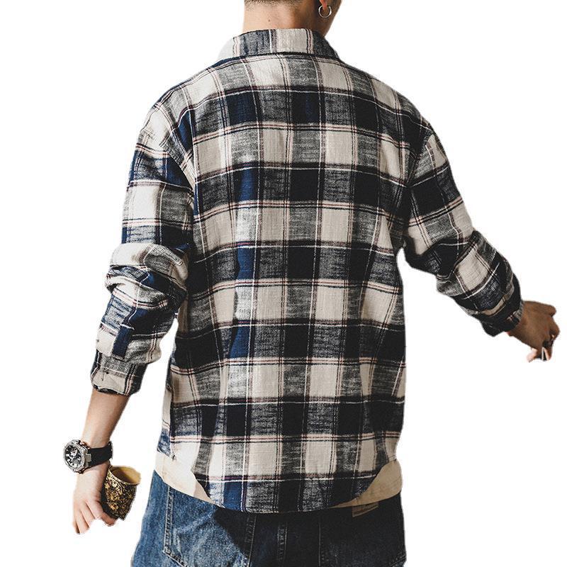 Men's Retro Loose-Fit Plaid Shirt: Heavy, Long Sleeve, Trendy Japanese Style Autumn Jacket