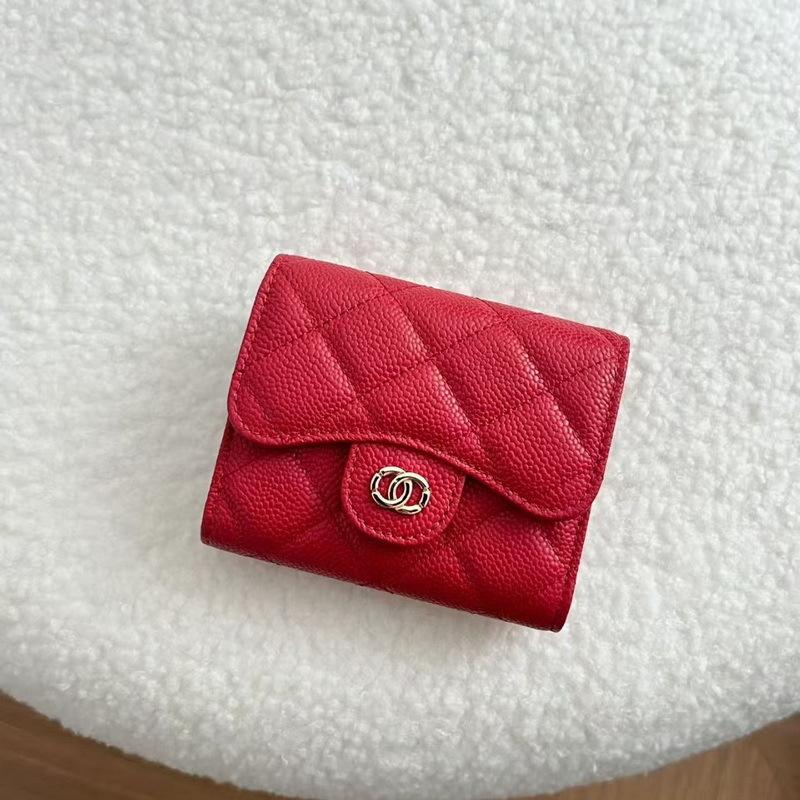 2026 New Caviar Patterned Cowhide Long Three Fold Wallet Hand-held Bag Chain Strap Crossbody Genuine Leather Women's