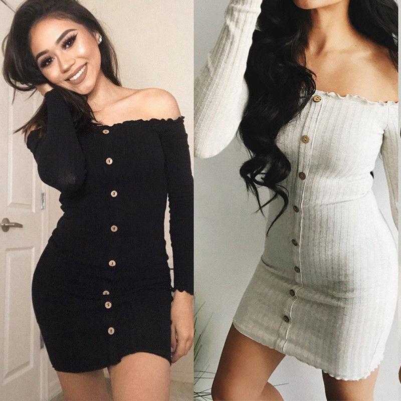 

Женщины Мода Сексуальная лодка Шея с плеча с длинными рукавами Обтягивая упаковка Бедро Платье