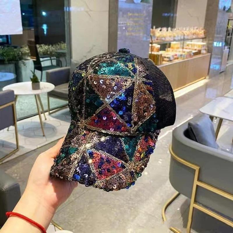 Sparkly Colorful Sequined Baseball Cap Breathable Mesh Back Adjustable Size for Beach Holiday Travel Wear